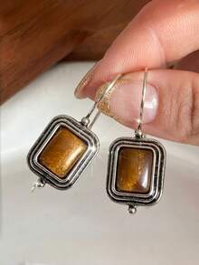 Vintage Silver Tigers Eye Drop Earrings For Women Rectangle Natural Stone Dangle Earrings Elegant Antique Boho Geometric Jewelry Gift - Antique Silver - View 1