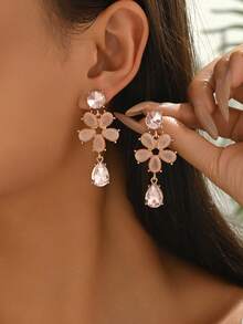 1 Pair Women's Fashionable Floral Crystal Embellished Long Earrings, Suitable For Summer Vacation Wear - Multicolor - View 9