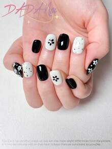 10pcs Short Square Handmade Press On Nails, Summer Nails, Black & Cream Fake Nails, Hand‑Painted White Flower, Polka Dot & Speckle Nail Art, Glossy Finish, Reusable Acrylic Nails For Daily Wear - Multicolor - View 4