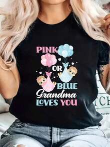 Camiseta Estampada Rosa o Azul, Cuello Redondo, Manga Corta, Cómoda, para Primavera Verano, Ropa de Mujer - Negro - Ver 1