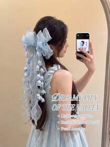 1pc Spring Bowknot Lily Of The Valley Mesh Hair Clip, Romantic Floral Hair Accessory With Long Ribbons, Suitable For Ballet, Hanfu, Daily Wear, Beach Photography (Slight Color Difference May Exist Due To Lighting And Display Conditions) - Multicolor - View 2