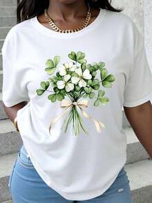 Women's Black T-Shirt With Clover And White Flower Bouquet Design, Casual Summer Top, St. Patrick's Day Gift, Wearable Art, Fashion Statement, 100% Pure Cotton, Women's T-Shirt. - 白色 - 查看 1