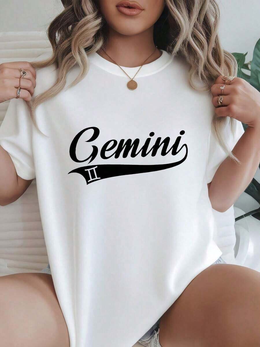 Women's Casual Loose Fit T-Shirt, Available In Black And White, Gemini Graphic Print, Summer Everyday Wear T-Shirts, Summer Tops, Graphic Tees, Women's Summer Sets, Women's Crop Tops, Casual Blouses For Ladies - 白色 - 查看 1