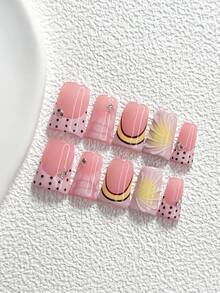 10Pcs Gentle Style Handmade Nail Art Set,Unghie Press On,White Round Diamond Nail Art Accessories,Polka Dots,Pink,Yellow And Brown Nail Polish,Includes Nail Tools,3 Sizes Available,Almond Nails,Duck Nails,Coffin Nails For Party,Dance,Daily Wear. - Multicolor - View 15