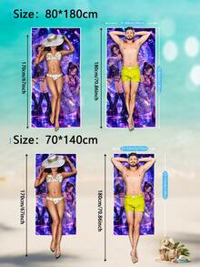 1条紫色和蓝色霓虹沙滩巾，印有3个赛博朋克风格女孩、激光球和舞台灯光图案，吸水性强，速干，赛博朋克波普艺术风格，适合游泳池、海滩或音乐节，柔软超大尺寸沙滩毯，适合沙滩装扮、单身派对、泳池用品、旅行和露营。 - 紫色 - 查看 4