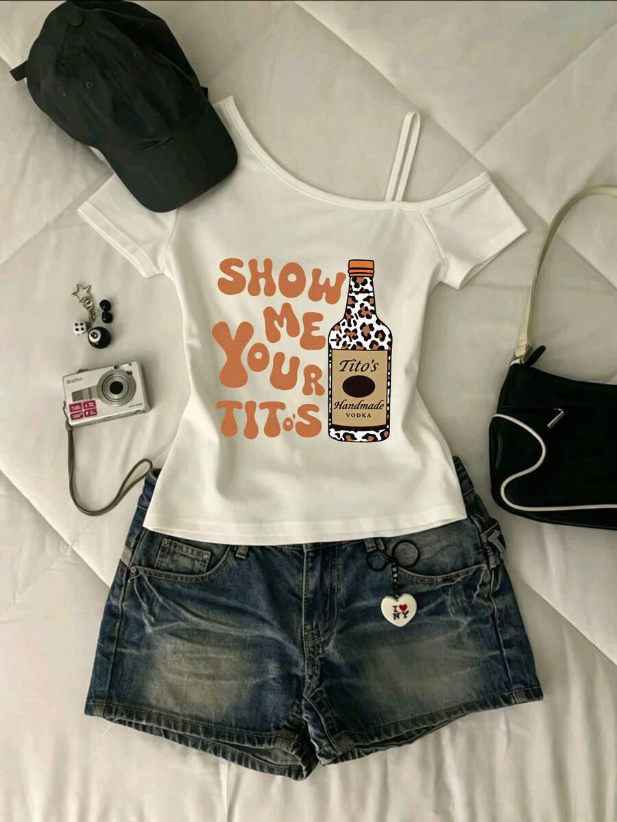 Camiseta de mujer, atuendos de verano para mujer, ropa de verano "Muéstrame tu botella de Tito's Vodka" 100% algodón, transpirable, manga corta, camiseta gráfica con estampado "Muéstrame tu botella de Tito's Vodka", verano, hombros descubiertos, 1 pieza, 150g, tops de verano, regalo adecuado para hombres - Blanco - Ver 1