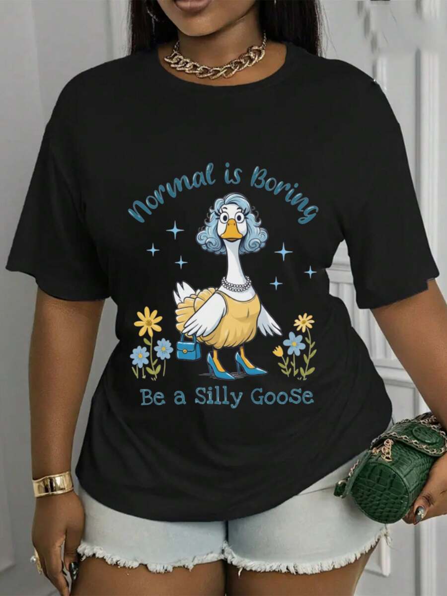Camiseta Deportiva Casual para Mujer con Gráfico de Pato de Caricatura Colorido y Texto Divertido - Camiseta Elástica de Cuello Redondo, Lavable aáquina, Ajuste Cómodo y Apta para Todas las Estaciones, para un Look Divertido y Casual. - Negro - Ver 1