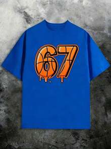 Women's Dripping Basketball Graphic Print T-Shirt Number 67, Sports Fan T-Shirt, Soft Pure Cotton, Casual Style For Game Day Or Everyday Wear, Unique Gift For Women. - 藍色 - 查看 2