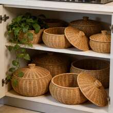Cesta de almacenamiento redonda con tapa de imitación de ratán tejida a mano, caja de pan, organizador de frutas para cocina, mesa de comedor, despensa, decoración del hogar, contenedor de mimbre con asas, estilo rústico, organizador decorativo - Marrón - Ver 8