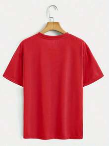 Diseño simple y versátil, estampado casual con letras y motivos de Londres, camiseta de manga corta de corte holgado con cuello redondo, elegante camiseta de algodón puro para mujer, ideal para primavera-verano. - Rojo - Ver 2