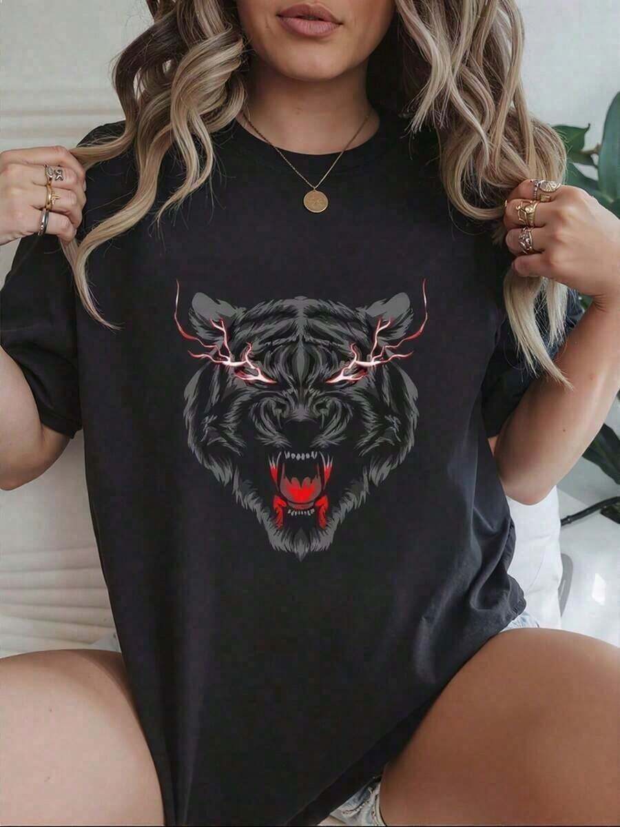 Women's Blouses 100% Cotton Black T-Shirt With Fierce Tiger Print For Women, Casual And Youthful Style Ideal For Daily Use, Available In Sizes S, M, L, XL, Original And Current Urban Fashion. - 黑色 - 查看 1