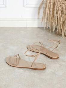 Giày sandal đế bằng hở mũi, quai kim loại, thoải mái, đa năng dành cho nữ. - Màu be - Xem 7