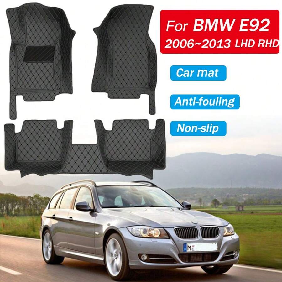 适用于宝马 E92 2006~2013 的高级豪华 PU 皮革全覆盖汽车脚垫，防水、防滑、防污、耐用，全黑地毯