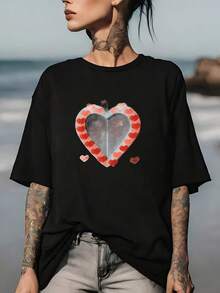 Camiseta con Estampado de Latidos del Corazón 180G - Camiseta unisex moderna y cómoda, idea de regalo para el Día de San Valentín, ropa familiar, para vacaciones de verano, uso casual, material suave y duradero. - Negro - Ver 1