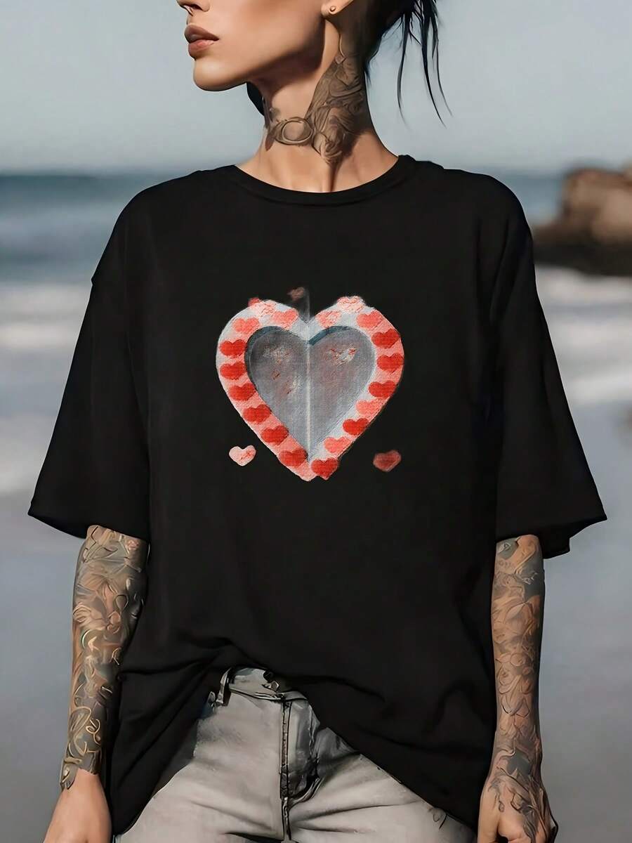 Camiseta con Estampado de Latidos del Corazón 180G - Camiseta unisex moderna y cómoda, idea de regalo para el Día de San Valentín, ropa familiar, para vacaciones de verano, uso casual, material suave y duradero. - Negro - Ver 1