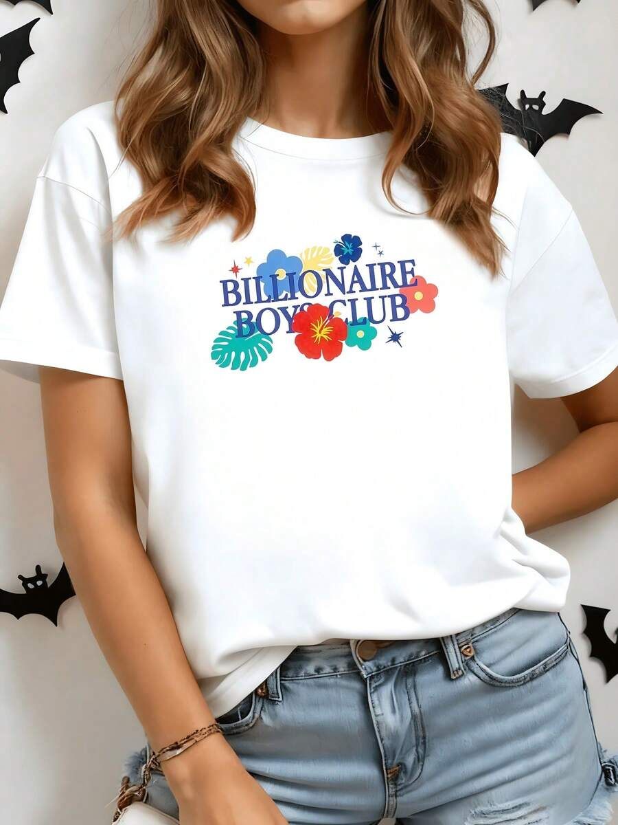 Vibrant Tropical Flowers Alongside Green Leaves And Tiny Stars Evoke A Cheerful Summer Energy With A Modern, Free-Spirited White Women's T-Shirt With A Colorful Print, Casual And Comfortable For Everyday Wear. - 白色 - 查看 1