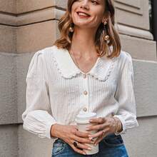Simplee Blusa de manga abultada con cuello estilo universitario de unicolor, atuendos para maestras, regreso a la escuela en primavera blanco - Azul - Ver 4