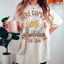 Women's Oversized, Short-Sleeved, Fun "Here Comes The Sun" Print T-Shirt, Lightweight, Breathable, Round Neck, Short-Sleeved T-Shirt For Spring And Summer, Soft Basic Tees, Beach Vacation Clothes, 100% Cotton. - 白色 - 查看 6