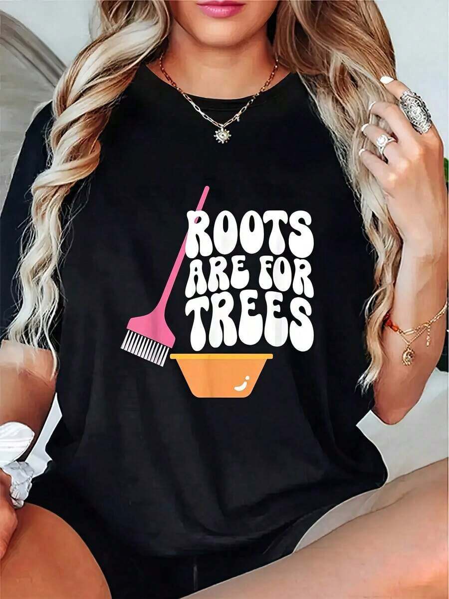 Camiseta gráfica para mujer con estampado "Las raíces son para los árboles", cuello redondo informal en negro, con diseño de cepillo de pelo rosa y cubo naranja, manga corta para primavera y verano, ropa casual de primavera, top con estampado divertido, ajuste cómodo, camisetas para damas. - Negro - Ver 1