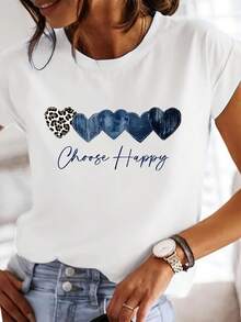 Elegante y compacta camiseta casual para mujer con estampado en forma de corazón y texturas de leopardo y denim - Elige Feliz, un regalo, top casual de cuello redondo - Transpirable, ligera y cómoda, perfecta para un guardarropa de primavera y verano - Blanco - Ver 2
