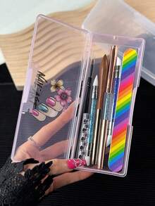 Nail Art Tool Storage Box, Nail File Holder, Nail Art Pen Storage Box, Gel Nail Brush Sponge Storage Box, Portable Rectangular Transparent Plastic Nail Art Supplies Storage Box, Nail Polish Bottle Display Box, Compact Travel Skincare Container, Nail Tools Not Included - Multicolor - View 4