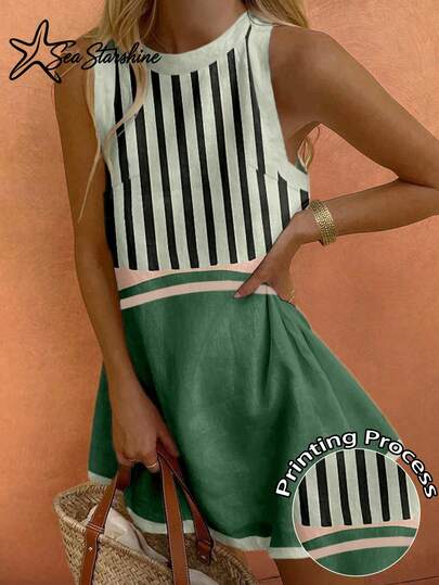 Đầm slip không tay kiểu dáng thường ngày, họa tiết đại dương, hình cá và chữ cái nhiều màu sắc, phong cách nghỉ dưỡng dành cho nữ, thích hợp cho mùa xuân/hè.