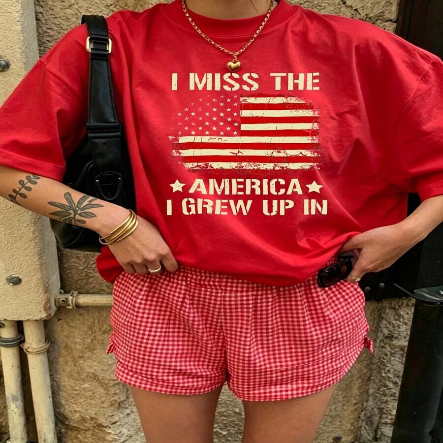 Heartfelt Daily Casual Graphic T-Shirt 100% Cotton Oversized Soft Breathable Casual Crewneck Short Sleeve Top Vintage Aesthetic Red Checkered Shorts Street Style Fashion Lovers Casual