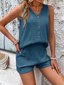 LUNE Conjunto De Camiseta Sin Mangas Y Pantalones Cortos De Color Sólido Para Mujer Con Cuello En V - Azul - Ver 5