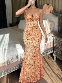 Vestido elegante ajustado con estampado floral diminuto, detalle de lazo y bajo de cola de pez para mujer - Multicolor 3 - Ver 8