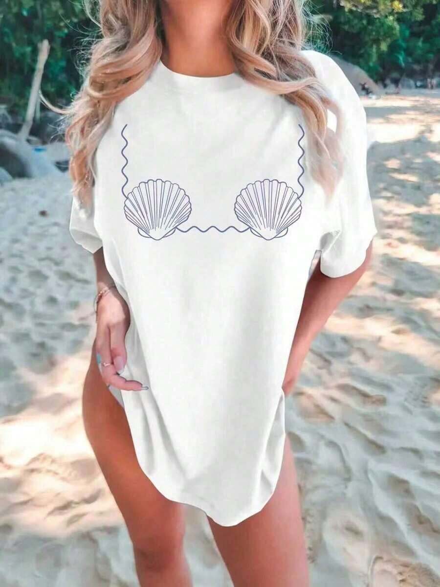 Camiseta Casual de Manga Corta con Cuello Redondo y Estampado de Sirena para Fiesta de Solteros, Top de Verano para Mujer. Transpirable y cómoda. - Blanco - Ver 1