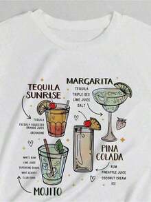 Camiseta de manga corta con estampado de cócteles de verano para mujer, ropa casual diaria, de algodón suave, camiseta casual de manga corta con cuello redondo y estampado para mujer, regalo para el Día de la Madre o Pascua, transpirable y cómoda. - Blanco - Ver 2