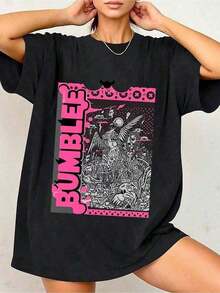 Women's Summer Clothes: Stylish Short-Sleeve Blouse With 'BUNGLE' Graffiti Print And Vibrant Abstract Patterns In Pink And Black, Comfortable And Soft Fabric, Fun Design, Perfect As A Gift For Her. Women's Summer Clothes: Stylish Short-Sleeve Blouse, Loose Fit, Comfortable And Breathable For Everyday Wear. Breathable And Comfortable. - 黑色 2 - 查看 2