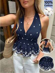 Blusa de verano con escote halter y espalda descubierta bordada para mujer - Azul marino - Ver 12