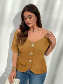 delgada de estilo elegante con botones metálicos, hombros descubiertos y ajuste ceñido, ideal para uso diario, oficina, graduación, regreso a clases y atuendos de maestras en primavera/verano y otoño/invierno para mujeres de talla grande - Amarillo - Ver 3