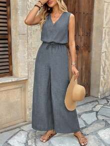 Mono de mujer sin mangas, con cuello en V, de tela texturizada, tipo body con bolsillos, estilo vacacional - Gris - Ver 6