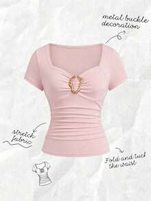 Blusa casual de mujer para primavera/verano con cintura ceñida, mangas raglán, cuello ancho, decoración de hebilla metálica, para uso diario, vacaciones y citas - Rosa Pálido - Ver 3