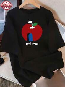 Comfortable 100% Cotton T-Shirt With A Unique Apple Graphic Design, Fun Casual Style For Young People, Black Urban Casual Fashion - 黑色 - 查看 1