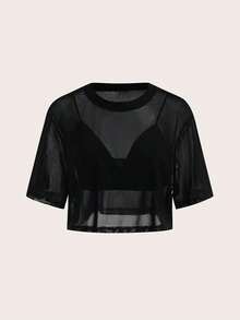 BASICS 2 piezas Top de tirantes recortado de color liso casual y top corto de manga corta holgado y transparente de malla con cuello redondo - Negro - Ver 7