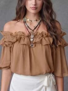 1 buah Blus Wanita Warna Polos Baru Bahan Chiffon Lengan Mengembang Model Bahu Terbuka, Trim Ruffle Berlipit, Pakaian Kasual untuk Liburan, Pesta Pantai, Sehari-hari, Musim Semi/Panas - Mocha Brown - View 7