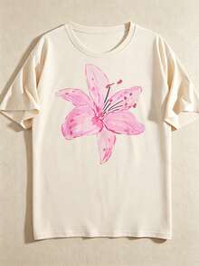 1 Piece Of Women's Plus Size Loose Fit T-Shirt, 100% Cotton, With Dropped Shoulders, Printed With Watercolor Pink Lily Designs, Perfect For Summer Beach, Vacation, Etc. - 杏色 - 查看 4
