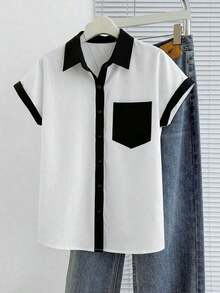 Camisa casual de mujer con mangas de murciélago azul y bolsillo, para uso diario, primavera/verano - Blanco y Negro - Ver 4