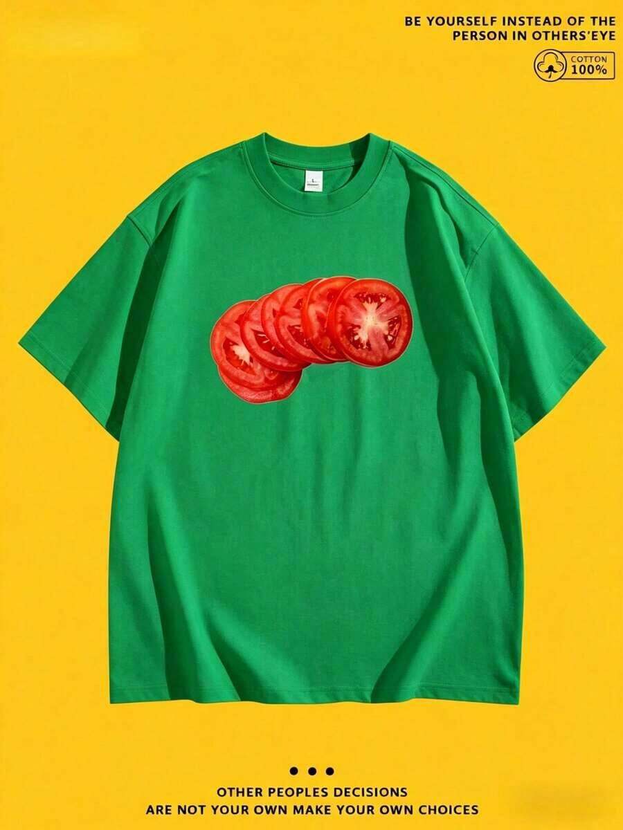 New Summer 2026 Collection, Unisex Styles, Crew Neck T-Shirt With Creative And Fun Cartoon Print, Pure Cotton Short Sleeve, Casual Style For Everyday Wear, Sizes: S–7XL | 24-Hour Shipping | Summer Clothing - 綠色的 - 查看 1