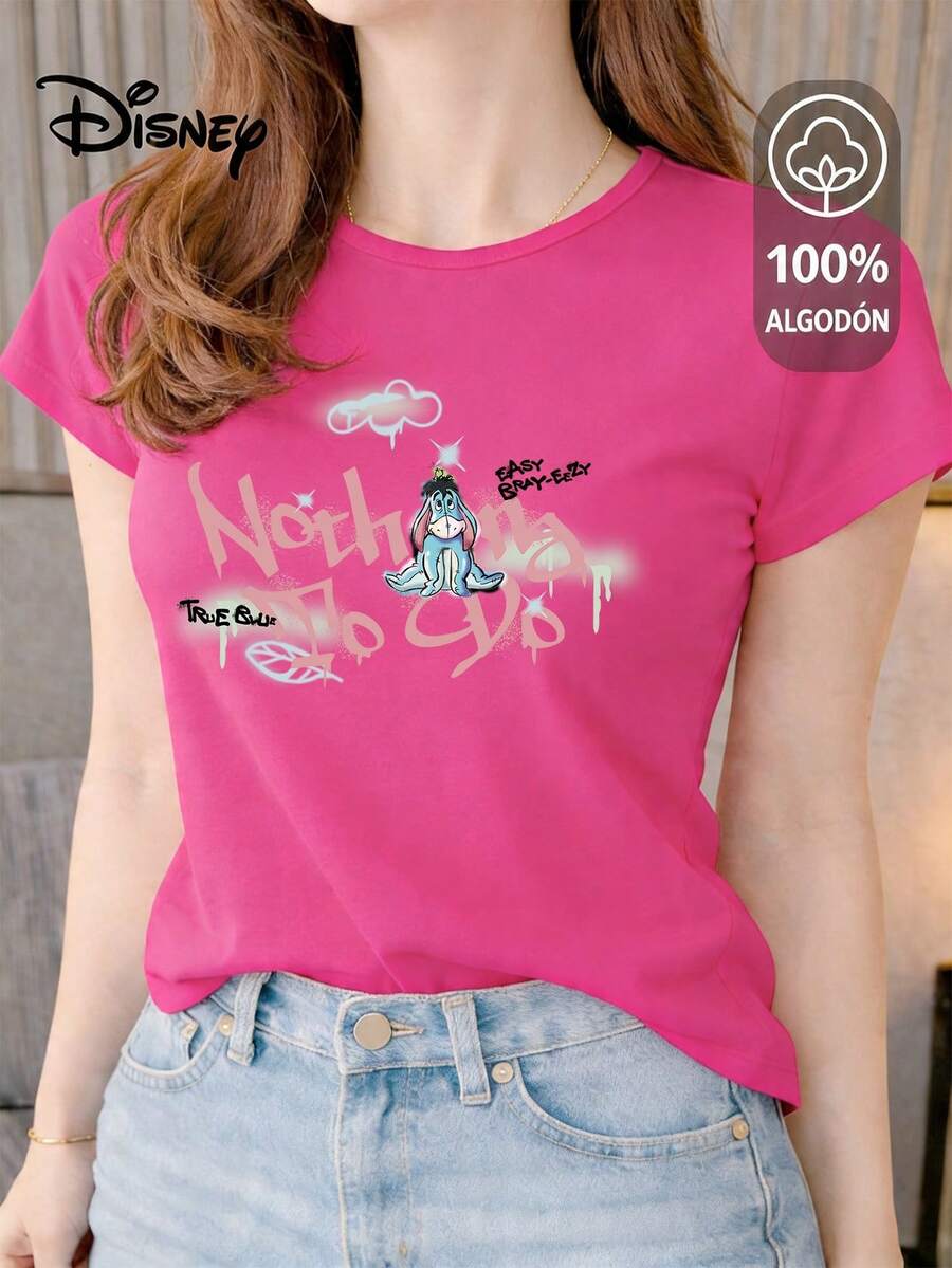 Women's T-Shirt Made Of 100% High-Quality Cotton, This T-Shirt Guarantees Exceptional Softness To The Touch, Round Neck With "Disney Eeyore Nothing To Do" Print And Short Sleeves - 玫紅色 - 查看 1