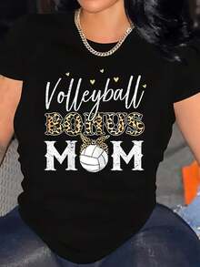 Camiseta de Mujer con Estampado de Mamá Voleibolista - Estampado de leopardo negro con diseño de voleibol, cuello redondo casual y suave, mangas cortas, ropa para fanáticas de todas las temporadas, el regalo perfecto para mamás voleiblistas y una excelente opción para Navidad. Camiseta cómoda y versátil de manga corta. - Negro - Ver 7