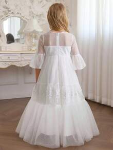 Weißes Langarm-Kleid für Kleine Mädchen, Tüll-Kleid mit Pünktchen-Muster, ausgestellte Ärmel, Stickerei, mehrstufiger Kuchen-Blumen-Prinzessinnen-Look - Weiss - Übersicht 2