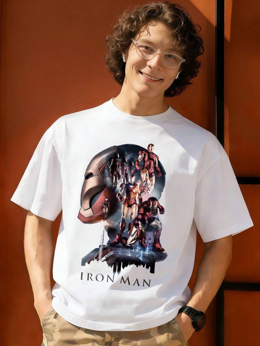 Iron Man Helmet Design Print Graphic T Shirt 100 Percent Cotton Loose T Shirt MARVEL Marvel Universe Superhero Summer Holiday Outfits Mens Clothing Mens Tops Streetwear Mens Gift Ideas Innerwear Or Outfits,Mens Fashion - White - View 1