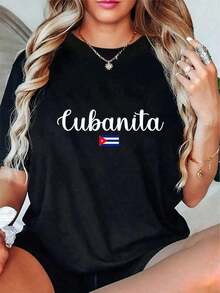 100% Algodón Camia Casual Mujer Cubanita Bandera Cubana Libre Camia Suelta, casual y versátil - Negro - Ver 1