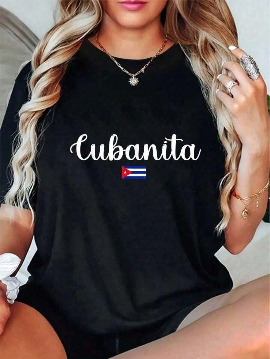 100% Algodón Camia Casual Mujer Cubanita Bandera Cubana Libre Camia Suelta, casual y versátil - Negro - Ver 1