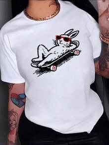 Women's 100% Cotton T-Shirt. Relaxed Rabbit With Sunglasses Lying On A Skateboard Conveying A Sense Of Freedom And Fun. Women's 100% Cotton T-Shirt - 白色的 - 查看 12