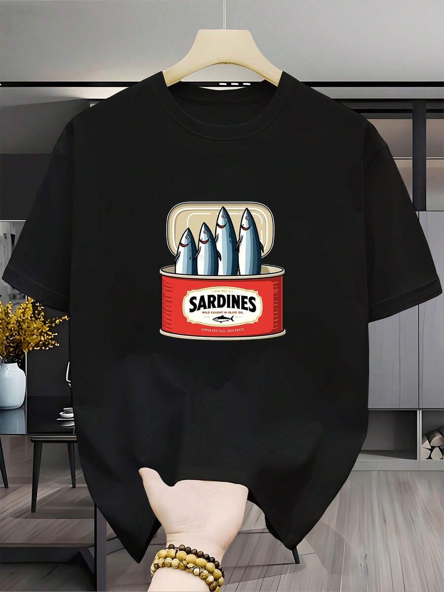 Camiseta unisex de manga corta, para hombre Moda Redondo Cuello Camiseta Dibujos animados Sardina Puede con Vintage Etiqueta Texto Patrón Primavera Verano Informal Versátil Superior Base Jugadores de Layerplayer hombre, , ,  mujer,romwe hombres, boho chic,maestras regalos,camiseta para conjuntos de mujer con curvas para mu,y2k, - Negro - Ver 1